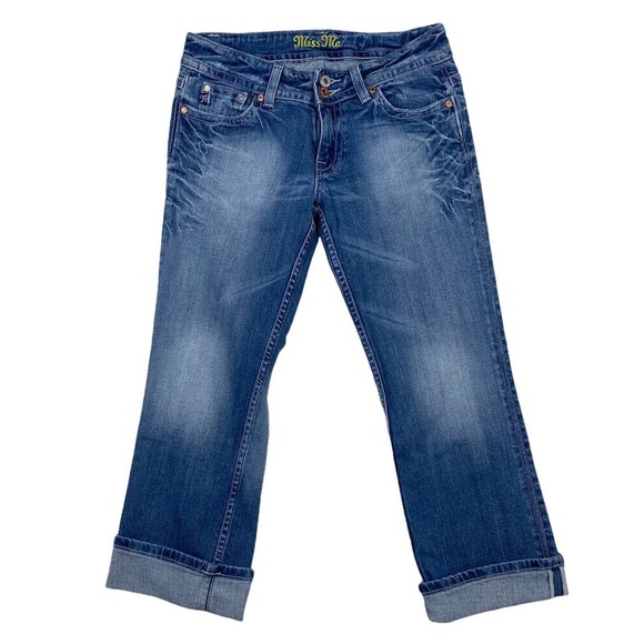 Miss Me Low Rise Straight Leg Cuffed Distressed Blue Jean Back Flap Pocket SZ 27 - Picture 1 of 9